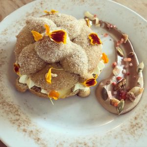 Pan de muerto vegano. Relleno de crema batida de calabaza y trozos de camote   at Paraíso Vegano in Mexico City