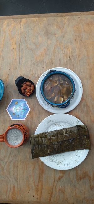 Sopa de hongos, tamal, atole negro. at Paraíso Vegano in Mexico City
