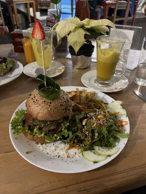 Portobello Burger, golden milk   at Paraíso Vegano in Mexico City