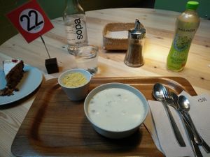 coconut soup with couscous and vegan carrot cake at Sopa - Provenca in Barcelona