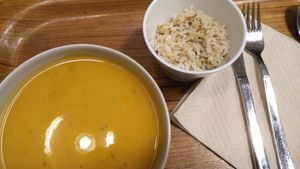 Pumpkin soup and brown rice at Sopa - Provenca in Barcelona