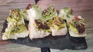 Quinoa Bread with toppings  (Plat du jour  at Mestizo Vegano in Bogota