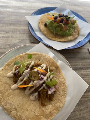 Tacos con carne and tostada   at Mestizo Vegano in Bogota