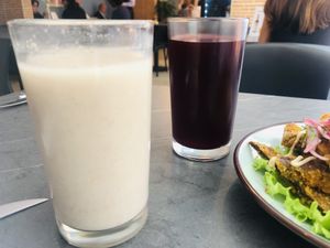 Chicha morada y agua de horchata   at Mestizo Vegano in Bogota