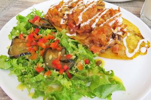 A base of platano with a delicious topping. The salad was really tasty too! at Mestizo Vegano in Bogota