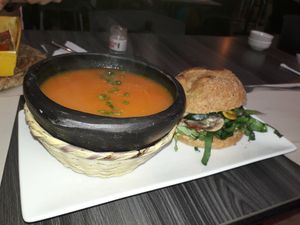 Panini y sopa de tomate at Mestizo Vegano in Bogota