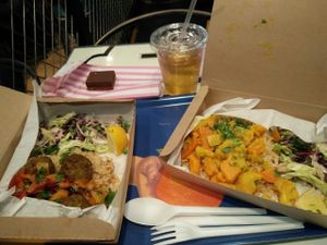 falafel and curry boxes, also the little brownie shortbread is vegan at AMS - LEON in Schiphol