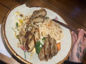 Noodle soup with duck (already eaten some of it here)  at QB Vegan in Berlin