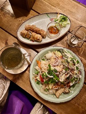 chickn/seitan noodles, spring rolls, jasmine tea  at QB Vegan in Berlin