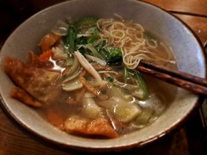 Dumpling soup with only a couple of dumplings at QB Vegan in Berlin