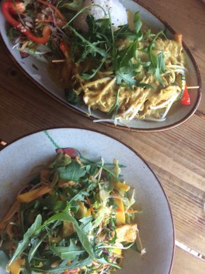 Mango salad and tofu sticks with peanut butter sauce at QB Vegan in Berlin