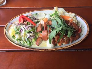 Green curry with duck and extra veggies (no rice) at QB Vegan in Berlin