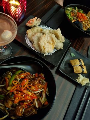 Vegetable chilli noodles, inari, vegetable tempura at Nippon Kitchen in Glasgow