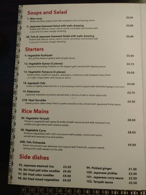 Vegan menu page 1 at Nippon Kitchen in Glasgow