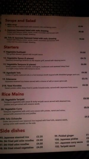 Vegan menu at Nippon Kitchen in Glasgow