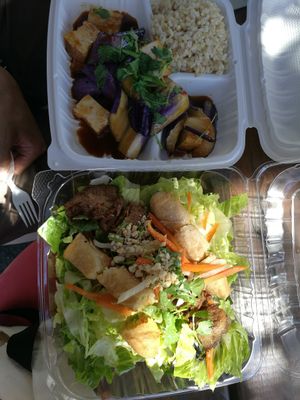 Eggplant and salad with chicken at Emmy's Vege House in Bainbridge Island