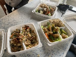 Curry chicken, BBQ duck, and kabob fried rice at Emmy's Vege House in Bainbridge Island