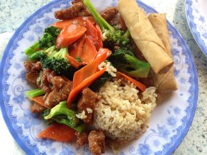 sweet and sour  with spring rolls at Emmy's Vege House in Bainbridge Island