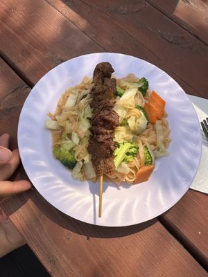 Curry noodles with vegan kabob   at Emmy's Vege House in Bainbridge Island