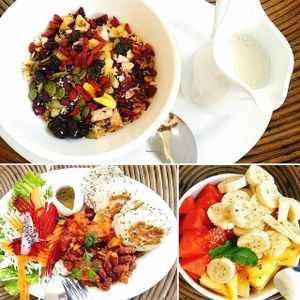 Pan bread with beans! Muesli with homemade cachew milk and the generous fruit salad! at Peace Food Cafe in Sihanoukville