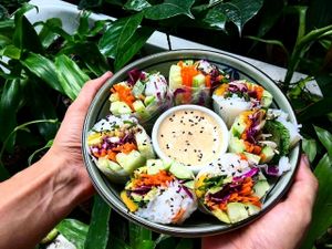 fresh summer rolls with peanutsauce!  at Peace Food Cafe in Sihanoukville