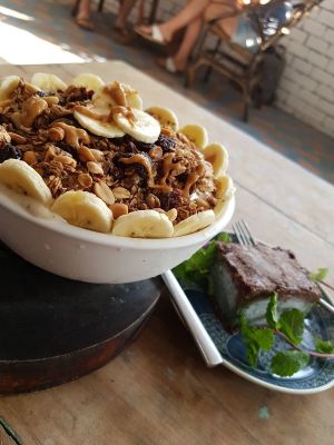 Peanut banana smoothie bowl   at Peace Food Cafe in Sihanoukville