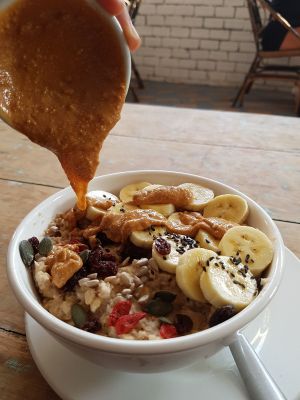 Porridge with peanut butter at Peace Food Cafe in Sihanoukville