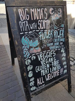 street sign - vegan dishes at Chickpea in Antwerpen
