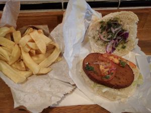 Moodley's Boss Burger and Chips. The burger was a disappointment, I expected more toppings. The chips were a little dry, but still tasty. I'd try the Kebab next time. at McGuinness - Takeaway in Dublin