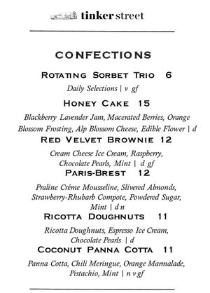 Menu at Tinker Street in Indianapolis