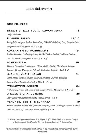 Menu at Tinker Street in Indianapolis