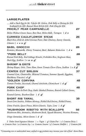 Menu at Tinker Street in Indianapolis