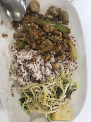 Rice + 2 sides. Tofu tasted nice and wet and the pork tasted real and spicy at Platinum Fashion Mall - Term-Bun in Bangkok