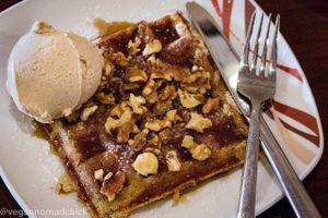 Vegan waffle with speculoos gelato, maple syrup, walnuts. All vegan and delicious! at Affogato  in Edinburgh