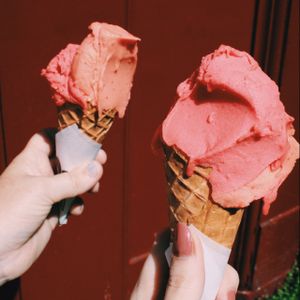 rasperry + strawberry vegan gelato in a cone!  at Affogato  in Edinburgh