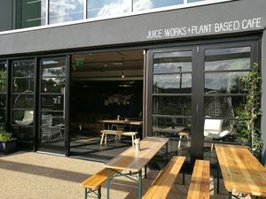 Nice outdoor seating along canal  at MOTHER - Juice Works in East London