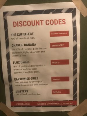 Sanitary product discount codes in bathroom  at MOTHER - Juice Works in East London