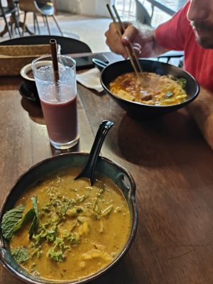 Laksa (in front) and I-forgot-what-it-was in the rear. Together with a Berry smoothie. at Pinxin Vegan Cuisine - 品馨蔬食 in Penang