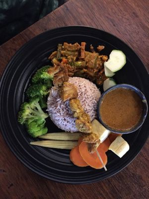 Satay stick with rice and veggies  at Pinxin Vegan Cuisine - 品馨蔬食 in Penang