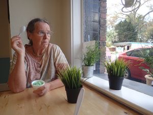 customer with pistachio vegan ice cream at Krazzy Kow in High Springs