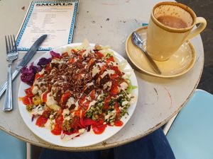 Plate of everything plus hot chocolate at Smorl's in Brighton