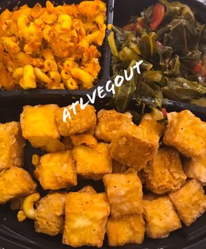 Fried tofu, Mac and cheeze and collards  at Whole Foods Market - Ponce de Leon in Atlanta