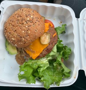 Beyond burger with a side salad (not featured) #Veganuary at Alvarado Street Brewery and Grill in Monterey