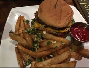 House made vegan double cheese burger with secret sauce.  at Alvarado Street Brewery and Grill in Monterey
