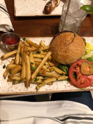 Impossible burger and garlic fries at Alvarado Street Brewery and Grill in Monterey