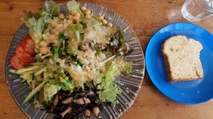 Vegan option of the day, a salad with quinoa and served with sweet bread. at Monstyle in Yokosuka