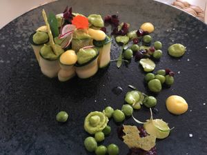 courgettes, peas, passion fruit mayonnaise at ONA in Ares