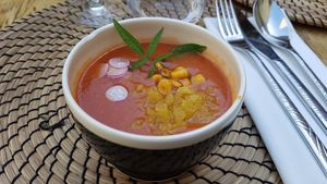 Cold tomato soup with ice at ONA in Ares