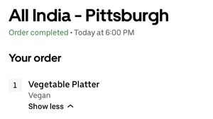 Photo of receipt showing we ordered it vegan  at All India in Pittsburgh