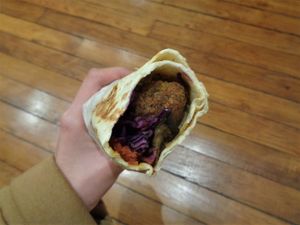 Wrap with falafel, eggplant, tomato caviar and cabbage at SAMAM - Cantine végétale in Paris